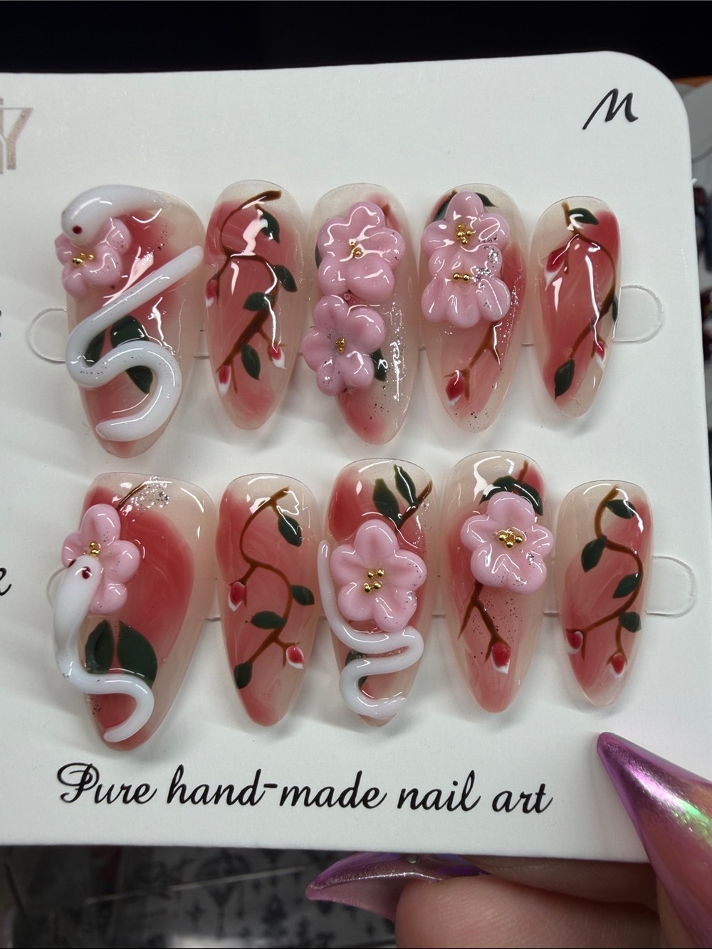 Hand-Made Pink Floral Press-On Nail Set by